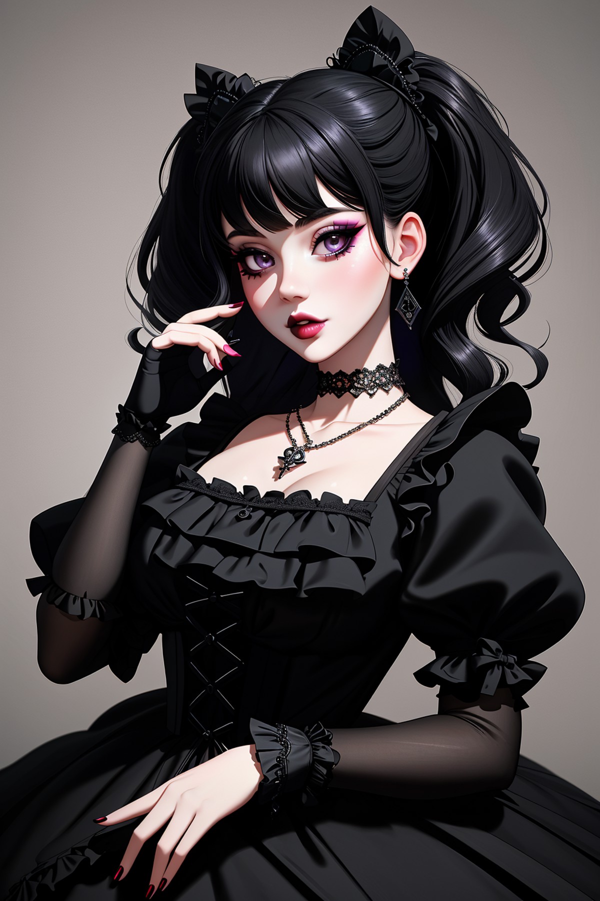 ((Masterpiece, best quality)), edgQuality,bimbo,glossy,
GothGal, a woman in a black dress posing for a picture, frills, la...